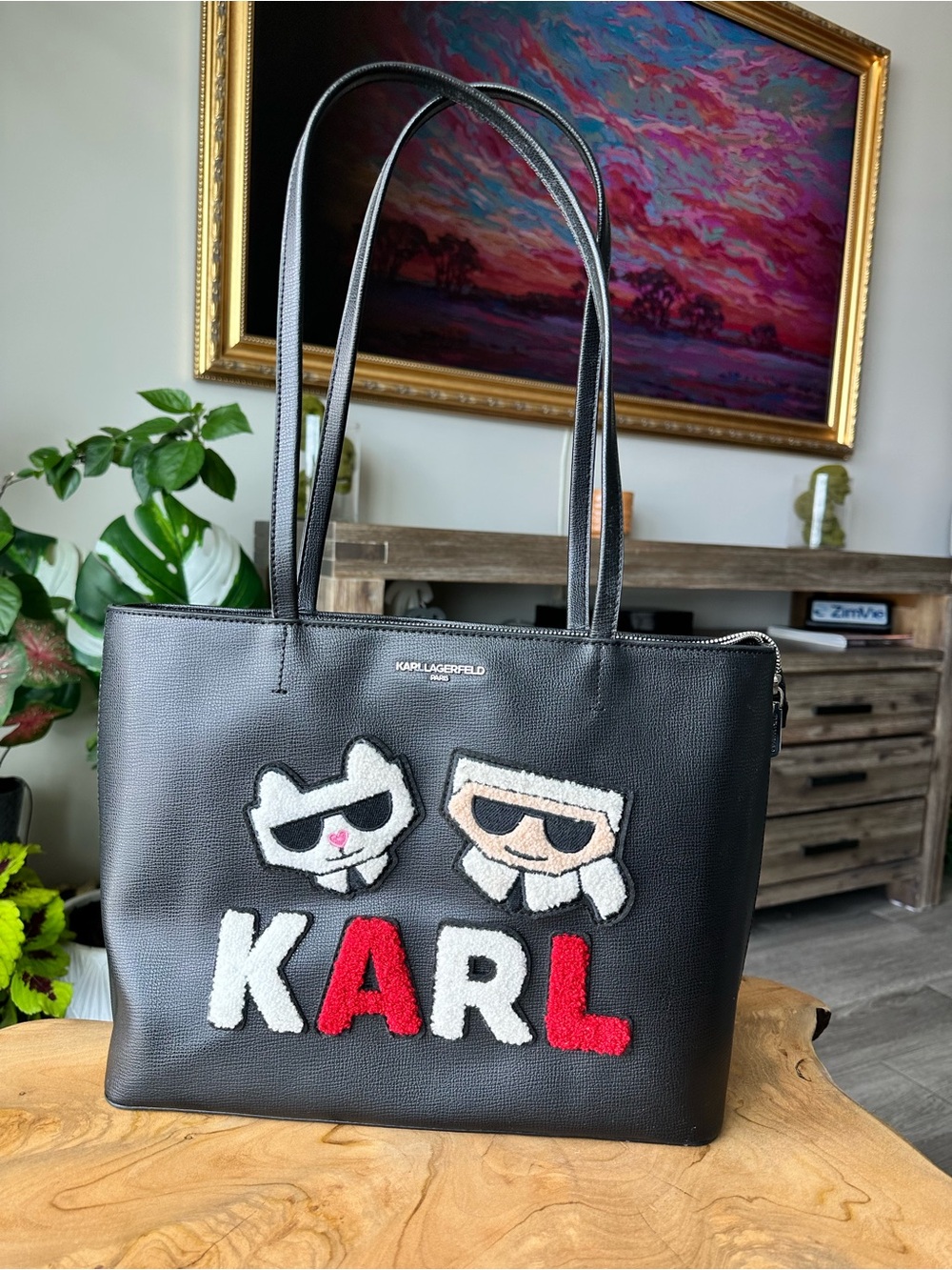 Karl Lagerfeld Paris Karl & Choupette Tote Black Terry Patches Shoulder Bag